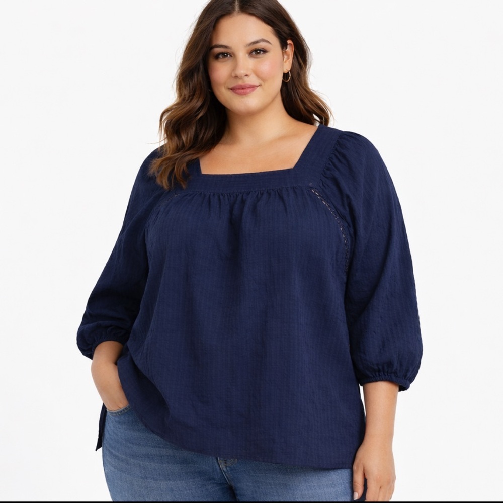 Lane Bryant Cotton Puff Sleeve Square Neck Popover Blouse 26/28